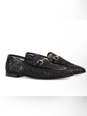 Gucci Jordan black mesh beaded monogram horsebit loafers